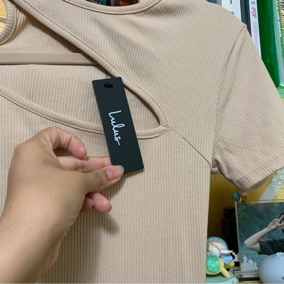 NWT Lulus Slice of Life Beige Ribbed Asymmetrical Cutout Mini Dress Size Small - Picture 4 of 8